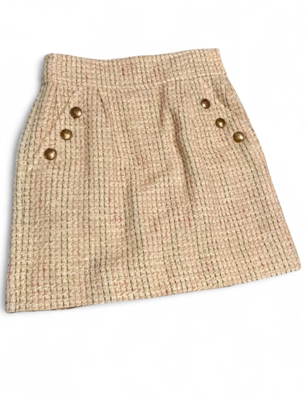 Mise en Scene by Ruffian Anthropologie sz 8 Cream Tweed Mini Skirt Gold Buttons